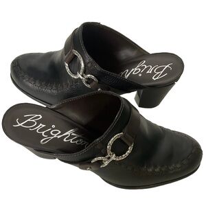 Brighton Gemini Mules Brown & Black Leather with Silver Decorative Buckle Sz6.5M